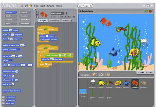 A student's Scratch aquarium project, built in class