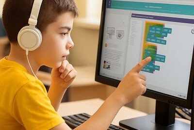 A student following along with a coding lesson
